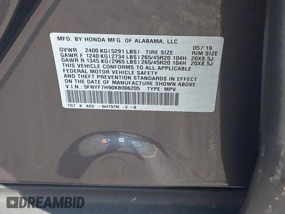 2019 Honda Passport Touring with VIN 5FNYF7H90KB006205, listed as a IAAI auction lot 43291429 with Not provided miles and . Bid and sale history available at DreamBid. Image 9.