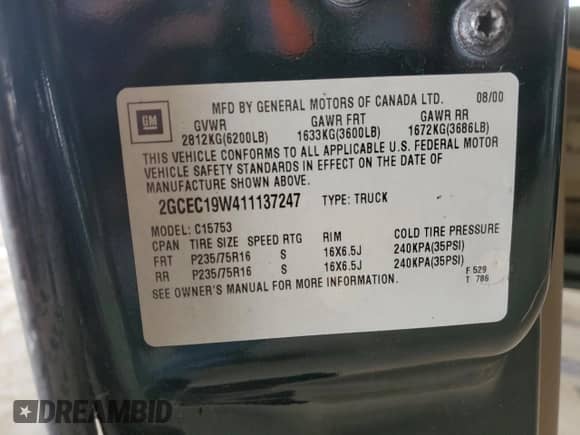 2001 Chevrolet Silverado 1500 with VIN 2GCEC19W411137247, listed as a Copart auction lot 54449525 with 253,035 mi miles and Salvage title. Bid and sale history available at DreamBid. Image 12.
