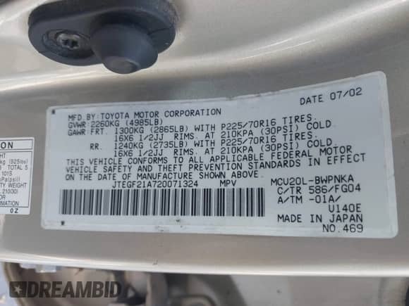 2002 Toyota Highlander Limited with VIN JTEGF21A720071324, listed as a IAAI auction lot 43498329 with 268,551 mi miles and . Bid and sale history available at DreamBid. Image 9.