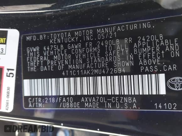 2021 Toyota Camry LE with VIN 4T1C11AK2MU472694, listed as a IAAI auction lot 43340745 with 61,965 mi miles and . Bid and sale history available at DreamBid. Image 9.
