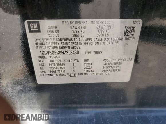2017 Chevrolet Silverado 1500 LTZ with VIN 1GCVKSEC0HZ203430, listed as a Copart auction lot 53019305 with 101,690 mi miles and Salvage title. Bid and sale history available at DreamBid. Image 12.