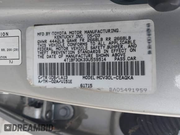 2003 Toyota Camry LE z VIN 4T1BF30K33U559514, wystawiony jako IAAI lot #43518376 z przebiegiem 203 514 mil mil oraz . Historia ofert i sprzedaży dostępna na DreamBid. Obrazek 9.