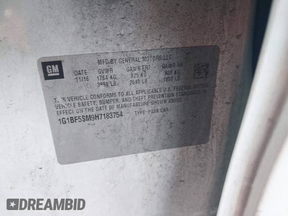 2017 Chevrolet Cruze Premier with VIN 1G1BF5SM9H7183754, listed as a IAAI auction lot 43566232 with 199,669 mi miles and . Bid and sale history available at DreamBid. Image 9.