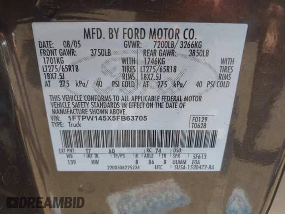 2005 Ford F-150 XLT with VIN 1FTPW145X5FB63705, listed as a IAAI auction lot 43323140 with 270,062 mi miles and . Bid and sale history available at DreamBid. Image 9.