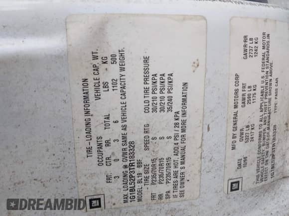 1996 Chevrolet Caprice 1SA Special Value с VIN 1G1BL52P3TR183328, выставлен на аукционе IAAI как лот 43535005 с пробегом Не указан миль и . История ставок и продаж доступна на DreamBid. Изображение 9.