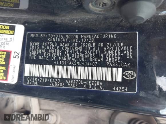 2021 Toyota Camry SE with VIN 4T1G11AK5MU404407, listed as a IAAI auction lot 42997960 with 155,618 mi miles and . Bid and sale history available at DreamBid. Image 9.