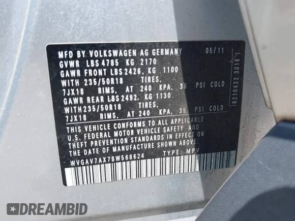 2011 Volkswagen Tiguan SE with VIN WVGAV7AX7BW568624, listed as a IAAI auction lot 42691978 with 137,340 mi miles and . Bid and sale history available at DreamBid. Image 9.