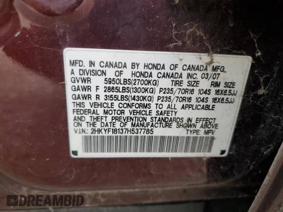 2007 Honda Pilot LX с VIN 2HKYF18137H537785, выставлен на аукционе Copart как лот 84706365 с пробегом 201 401 миль миль и Чистый • Clean title. История ставок и продаж доступна на DreamBid. Изображение 13.