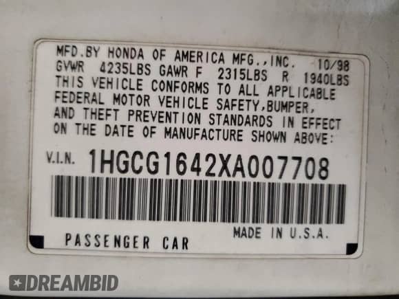 1999 Honda Accord LX with VIN 1HGCG1642XA007708, listed as a Copart auction lot 45334245 with 206,343 mi miles and Clean title. Bid and sale history available at DreamBid. Image 12.