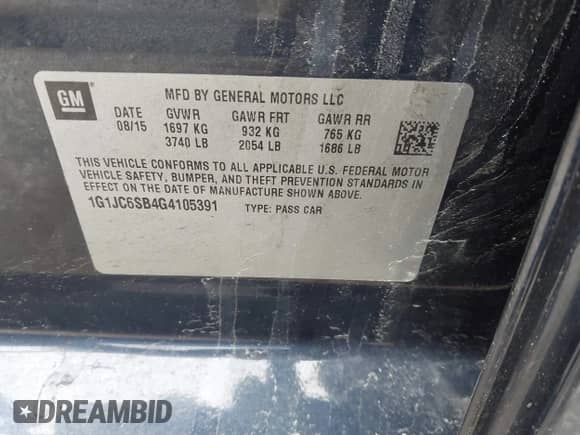 2016 Chevrolet Sonic LT with VIN 1G1JC6SB4G4105391, listed as a IAAI auction lot 41999133 with 108,177 mi miles and . Bid and sale history available at DreamBid. Image 9.