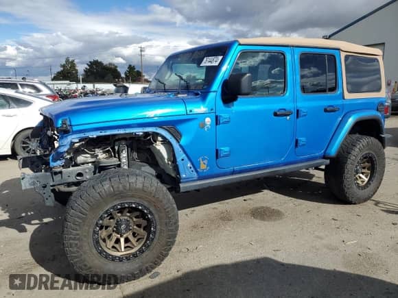 2021 Jeep Wrangler Unlimited Sahara High Altitude with VIN 1C4HJXEM3MW770622, listed as a Copart auction lot 76144874 with 71,886 mi miles and Salvage title. Bid and sale history available at DreamBid. Image 1.