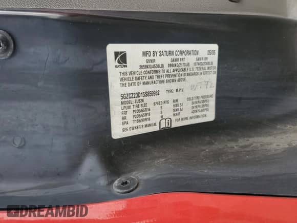 2005 Saturn VUE with VIN 5GZCZ23D15S859962, listed as a Copart auction lot 67289125 with 166,657 mi miles and Salvage title. Bid and sale history available at DreamBid. Image 13.
