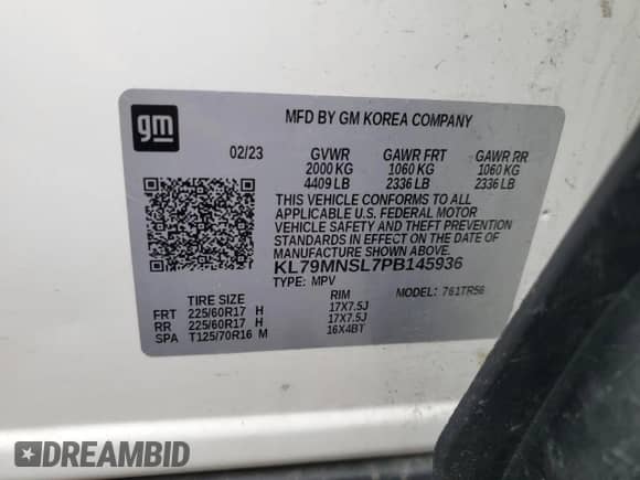 2023 Chevrolet TrailBlazer LS с VIN KL79MNSL7PB145936, выставлен на аукционе Copart как лот 61386055 с пробегом 44 037 миль миль и Списание • Salvage title. История ставок и продаж доступна на DreamBid. Изображение 13.