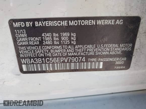 2014 BMW 3 Series 320i с VIN WBA3B1C56EPV79074, выставлен на аукционе IAAI как лот 43348186 с пробегом 167 944 миль миль и . История ставок и продаж доступна на DreamBid. Изображение 9.