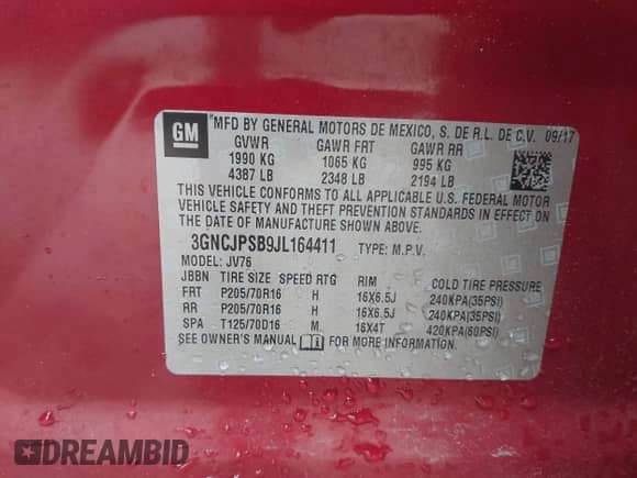 2018 Chevrolet Trax LT с VIN 3GNCJPSB9JL164411, выставлен на аукционе IAAI как лот 43126818 с пробегом 129 401 миль миль и . История ставок и продаж доступна на DreamBid. Изображение 9.