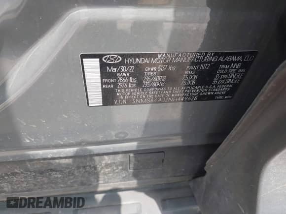 2022 Hyundai Santa Fe XRT with VIN 5NMS64AJ2NH449628, listed as a IAAI auction lot 42729354 with 47,854 mi miles and . Bid and sale history available at DreamBid. Image 9.