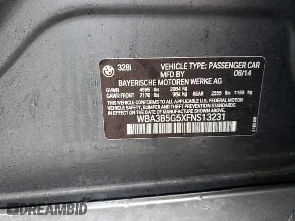 2015 BMW 3 Series 328i xDrive с VIN WBA3B5G5XFNS13231, выставлен на аукционе Copart как лот 59487525 с пробегом 171 841 миль миль и Списание • Salvage title. История ставок и продаж доступна на DreamBid. Изображение 12.