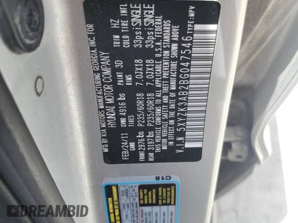 2011 Hyundai Santa Fe Limited z VIN 5XYZK3AB2BG047546, wystawiony jako Copart lot #64387105 z przebiegiem 246 911 mil mil oraz Szkoda całkowita • Salvage title. Historia ofert i sprzedaży dostępna na DreamBid. Obrazek 13.