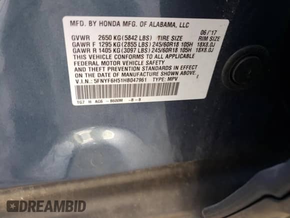 2017 Honda Pilot EX-L с VIN 5FNYF6H51HB047961, выставлен на аукционе Copart как лот 81950775 с пробегом 106 727 миль миль и Списание • Salvage title. История ставок и продаж доступна на DreamBid. Изображение 14.