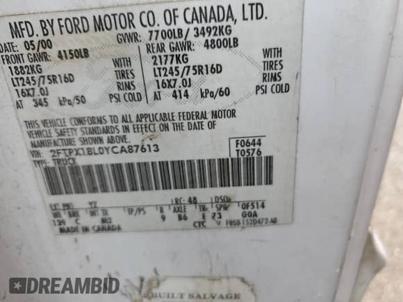 2000 Ford F-150 XL z VIN 2FTPX18L0YCA87613, wystawiony jako Copart lot #52584194 z przebiegiem Nie podano mil oraz Szkoda całkowita • Salvage title. Historia ofert i sprzedaży dostępna na DreamBid. Obrazek 12.