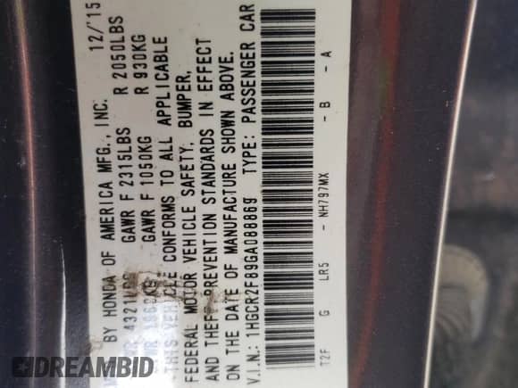 2016 Honda Accord EX-L with VIN 1HGCR2F89GA088869, listed as a Copart auction lot 71951845 with 142,462 mi miles and Salvage title. Bid and sale history available at DreamBid. Image 12.