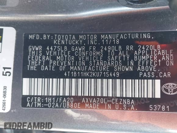 2019 Toyota Camry LE с VIN 4T1B11HK2KU715449, выставлен на аукционе IAAI как лот 43495656 с пробегом 82 639 миль миль и . История ставок и продаж доступна на DreamBid. Изображение 9.