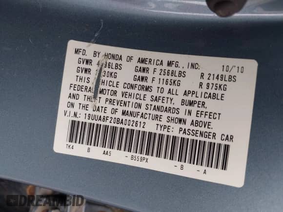 2011 Acura TL with VIN 19UUA8F20BA002612, listed as a IAAI auction lot 42612516 with 126,892 mi miles and . Bid and sale history available at DreamBid. Image 9.