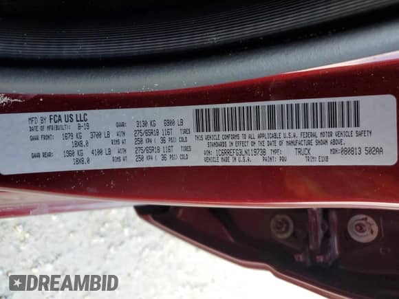 2020 Ram 1500 Big Horn z VIN 1C6RREFG3LN119738, wystawiony jako Copart lot #74769604 z przebiegiem Nie podano mil oraz Nie do naprawy • Non repairable. Historia ofert i sprzedaży dostępna na DreamBid. Obrazek 15.