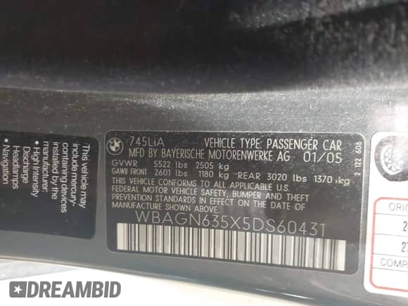 2005 BMW 7 Series 745Li with VIN WBAGN635X5DS60431, listed as a IAAI auction lot 42613270 with 197,147 mi miles and . Bid and sale history available at DreamBid. Image 9.