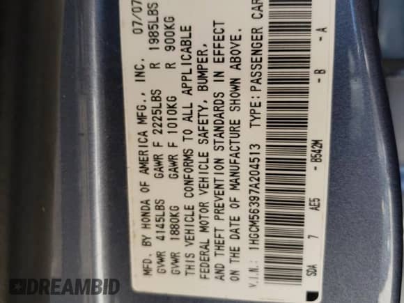 2007 Honda Accord LX SE с VIN 1HGCM56397A204513, выставлен на аукционе Copart как лот 82254465 с пробегом 151 060 миль миль и Списание • Salvage title. История ставок и продаж доступна на DreamBid. Изображение 13.