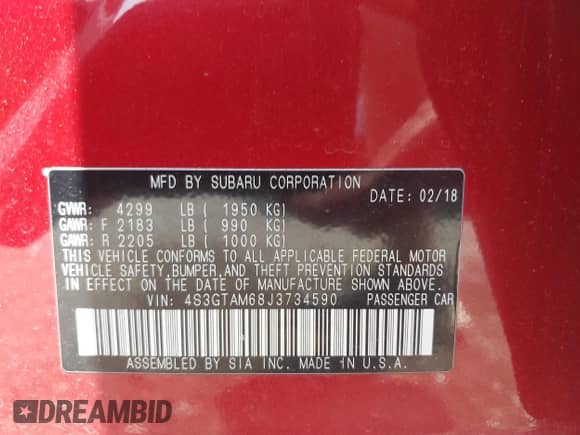 2018 Subaru Impreza Special Sports with VIN 4S3GTAM68J3734590, listed as a IAAI auction lot 42769551 with 135,805 mi miles and . Bid and sale history available at DreamBid. Image 9.
