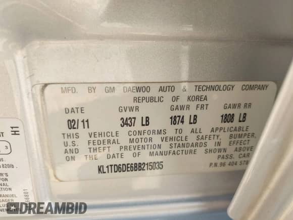 2011 Chevrolet Aveo 1LT с VIN KL1TD6DE6BB215035, выставлен на аукционе IAAI как лот 42167304 с пробегом 190 122 миль миль и . История ставок и продаж доступна на DreamBid. Изображение 9.