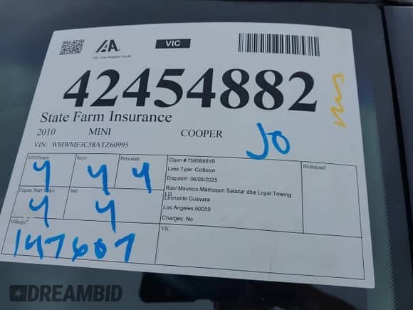 2010 MINI Hardtop with VIN WMWMF3C58ATZ60995, listed as a IAAI auction lot 42454882 with 147,607 mi miles and . Bid and sale history available at DreamBid. Image 18.