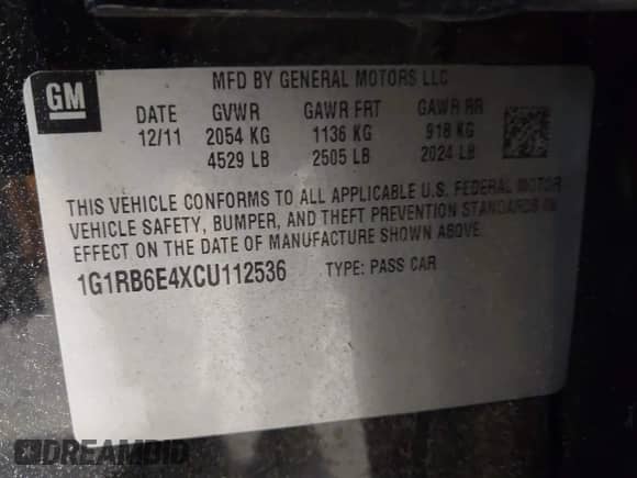 2012 Chevrolet Volt with VIN 1G1RB6E4XCU112536, listed as a IAAI auction lot 43316216 with Not provided miles and . Bid and sale history available at DreamBid. Image 9.