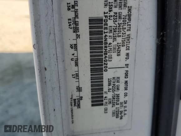 1994 Ford Econoline Cargo с VIN 1FDEE14N8RHB40200, выставлен на аукционе Copart как лот 48599415 с пробегом 190 955 миль миль и Чистый • Clean title. История ставок и продаж доступна на DreamBid. Изображение 13.