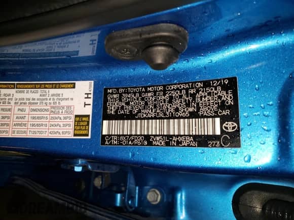 2020 Toyota Prius L Eco with VIN JTDKARFUXL3110965, listed as a Copart auction lot 81241595 with 94,776 mi miles and Clean title. Bid and sale history available at DreamBid. Image 12.