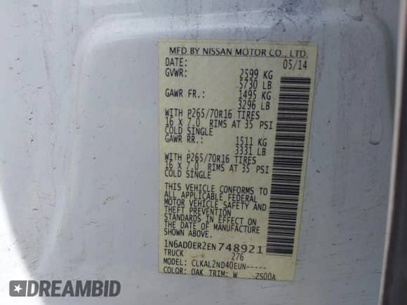 2014 Nissan Frontier Desert Runner z VIN 1N6AD0ER2EN748921, wystawiony jako IAAI lot #42143050 z przebiegiem 110 948 mil mil oraz . Historia ofert i sprzedaży dostępna na DreamBid. Obrazek 9.