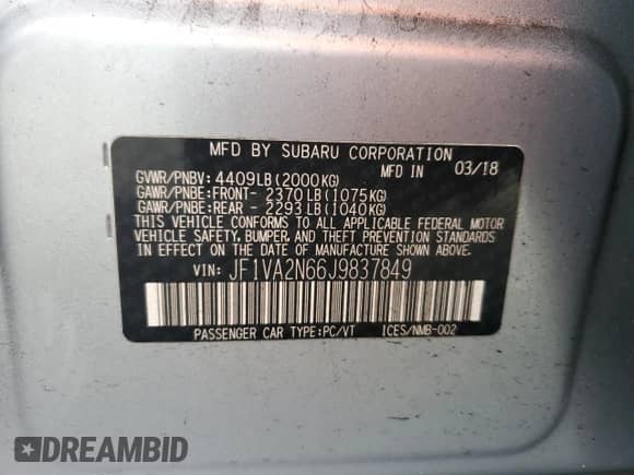 2018 Subaru WRX STI with VIN JF1VA2N66J9837849, listed as a Copart auction lot 82108945 with 53,273 mi miles and Salvage title. Bid and sale history available at DreamBid. Image 13.