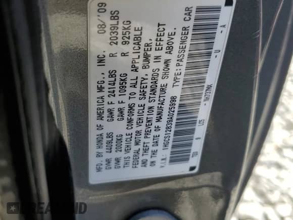 2009 Honda Accord EX-L z VIN 1HGCS12839A025998, wystawiony jako Copart lot #69200885 z przebiegiem 299 927 mil mil oraz Szkoda całkowita • Salvage title. Historia ofert i sprzedaży dostępna na DreamBid. Obrazek 12.