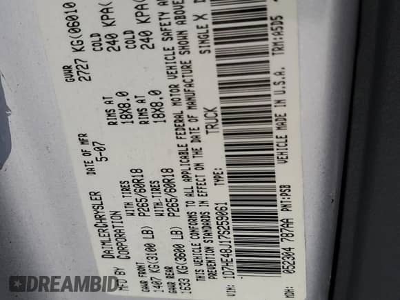 2007 Dodge Dakota SLT z VIN 1D7HE48J17S259061, wystawiony jako Copart lot #76098974 z przebiegiem Nie podano mil oraz Nie do naprawy • Non repairable. Historia ofert i sprzedaży dostępna na DreamBid. Obrazek 12.