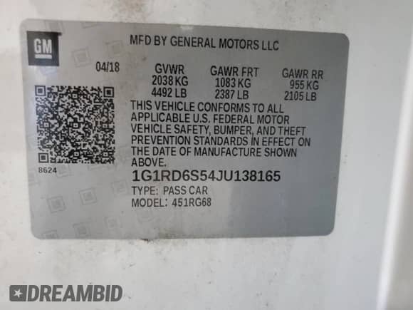 2018 Chevrolet Volt Premier с VIN 1G1RD6S54JU138165, выставлен на аукционе Copart как лот 70882245 с пробегом 34 047 миль миль и Списание • Salvage title. История ставок и продаж доступна на DreamBid. Изображение 12.