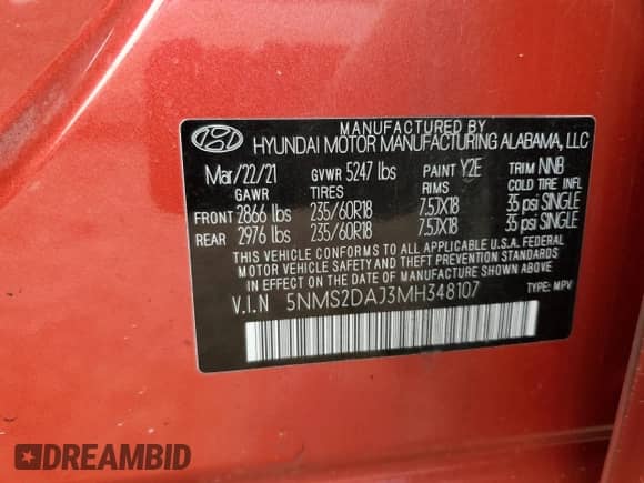 2021 Hyundai Santa Fe SEL z VIN 5NMS2DAJ3MH348107, wystawiony jako Copart lot #68037935 z przebiegiem 55 672 mil mil oraz Szkoda całkowita • Salvage title. Historia ofert i sprzedaży dostępna na DreamBid. Obrazek 13.
