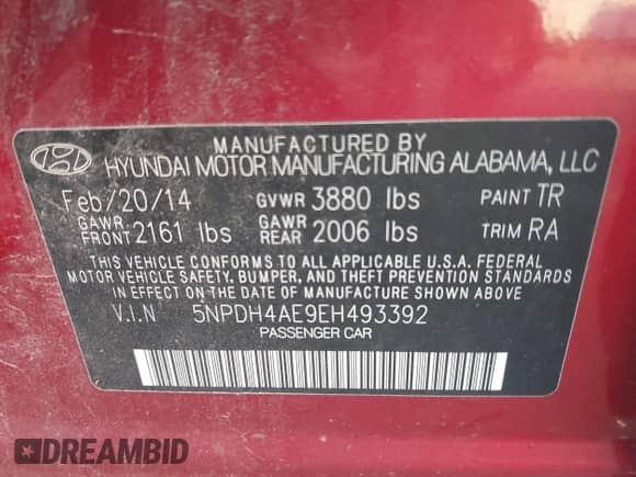 2014 Hyundai Elantra SE z VIN 5NPDH4AE9EH493392, wystawiony jako IAAI lot #43419885 z przebiegiem 136 933 mil mil oraz . Historia ofert i sprzedaży dostępna na DreamBid. Obrazek 9.