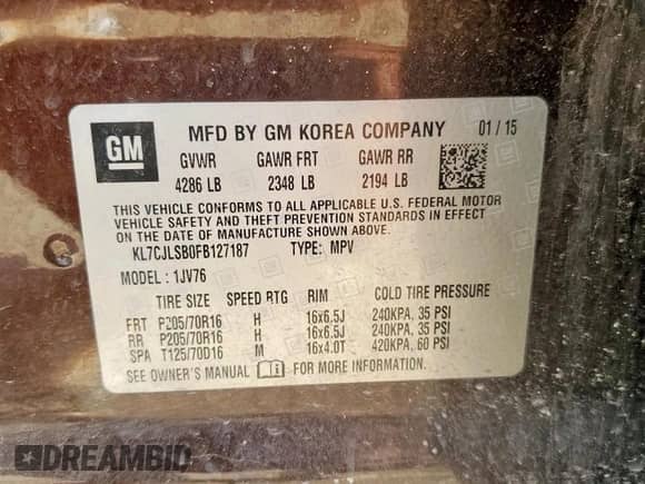 2015 Chevrolet Trax LT z VIN KL7CJLSB0FB127187, wystawiony jako Copart lot #65745625 z przebiegiem 170 374 mil mil oraz Szkoda całkowita • Salvage title. Historia ofert i sprzedaży dostępna na DreamBid. Obrazek 13.