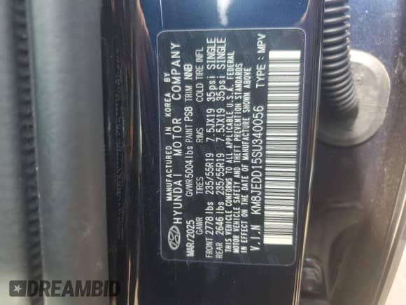 2025 Hyundai Tucson Limited с VIN KM8JEDD15SU340056, выставлен на аукционе Copart как лот 67381035 с пробегом 739 миль миль и Списание • Salvage title. История ставок и продаж доступна на DreamBid. Изображение 12.