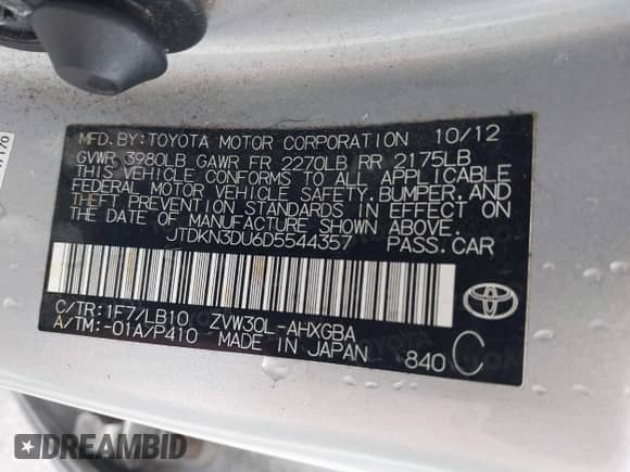 2013 Toyota Prius Two with VIN JTDKN3DU6D5544357, listed as a IAAI auction lot 42782824 with Not provided miles and . Bid and sale history available at DreamBid. Image 17.