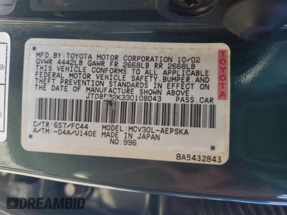 2003 Toyota Camry LE z VIN JTDBF32K330108043, wystawiony jako Copart lot #85266835 z przebiegiem 181 610 mil mil oraz Czysty tytuł • Clean title. Historia ofert i sprzedaży dostępna na DreamBid. Obrazek 12.
