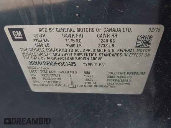 2015 Chevrolet Equinox LTZ with VIN 2GNALDEK9F6301435, listed as a IAAI auction lot 42935004 with 177,923 mi miles and . Bid and sale history available at DreamBid. Image 9.