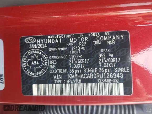 2024 Hyundai Kona Essential with VIN KM8HACAB9RU126943, listed as a Copart auction lot 69810874 with 3,175 mi miles and Salvage title. Bid and sale history available at DreamBid. Image 14.