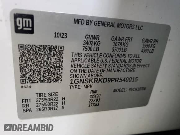 2023 Chevrolet Tahoe RST с VIN 1GNSKRKD9PR540015, выставлен на аукционе Copart как лот 58084495 с пробегом 23 815 миль миль и Списание • Salvage title. История ставок и продаж доступна на DreamBid. Изображение 13.